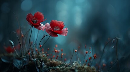 Two red poppies amidst moss with a dreamy, blurred blue background