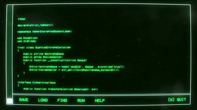Retro futuristic code editor interface on CRT screen