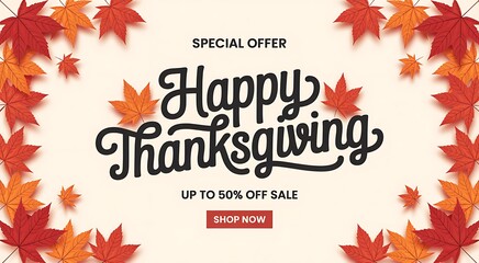 Happy thanksgiving special offer with autumn leaves on cream background