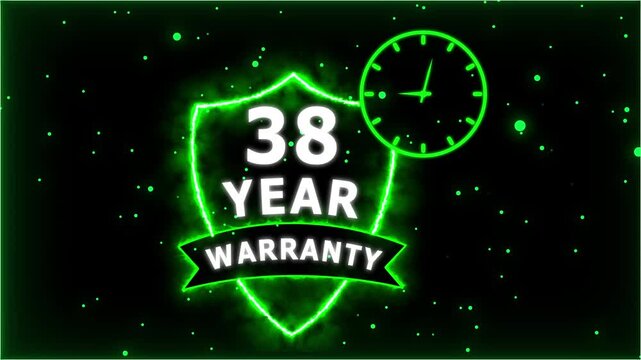 Neon Glowing Shield Badge with 38 Year Warranty Text and Clock Animation on black Futuristic Background.