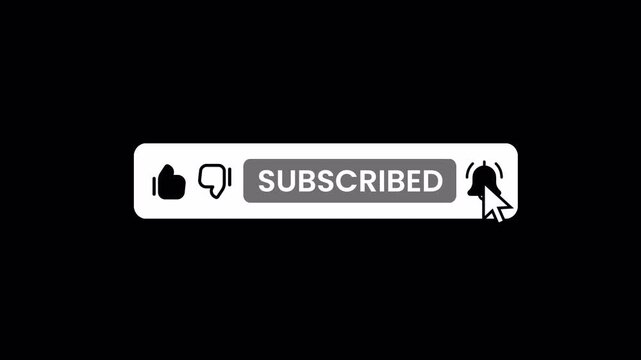 Subscribe, like, and bell button text animation on transparent background with alpha channel. High quality 4K video for social media content.