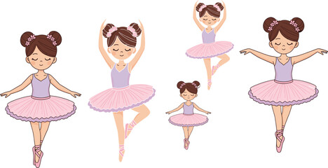 Cute little ballerina girl illustration set performing ballet dance poses, graceful cartoon character vector isolated on white © Sumon Creative