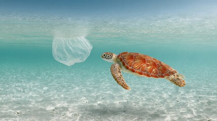 sea turtle swimming near a floating plastic bag, cautionary distance, clear tropical water