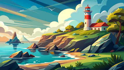 Sea landscape vector with lighthouse on rocky shore, coastal flat illustration