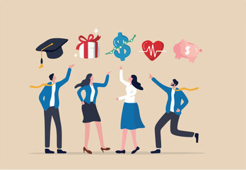 Employee benefits and compensation for staff advantage, reward or bonus payment to motivate employee concept, business people with benefits, scholarship, bonus, salary increase and health insurance.