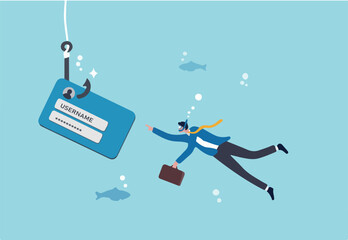 Phishing or stealing personal information, fake login screen to hack username, password, cyber security or threat website concept, businessman diving to unknown fishhook user account phishing login