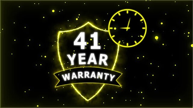 Neon Glowing Shield Badge with 41 Year Warranty Text and Clock Animation on black Futuristic Background.