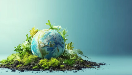 Miniature Earth resting on mossy soil and greenery