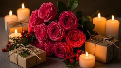 Romantic bouquet with candles and gifts