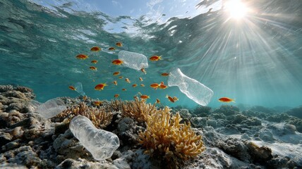 underwater wide shot, plastic bottles and bags drifting above a coral reef