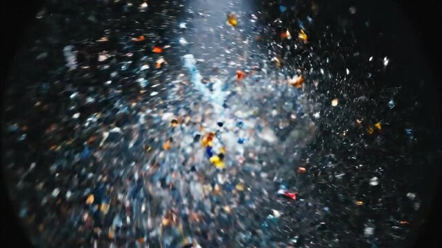 Microscopic view of colorful plastic particles fragmenting and exploding in a dark liquid emphasizing pollution and environmental damage concepts.