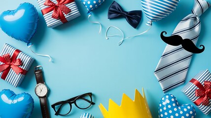 Colorful fathers day gifts and accessories on light blue background