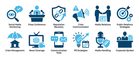 Public relations and crisis management icon set illustrating concepts like communication, reputation, and media handling with simple, flat vector symbols for business presentations