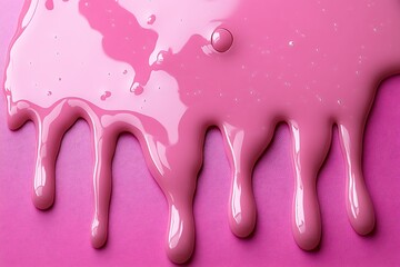 Shiny pink liquid syrup drips down a smooth fuchsia surface with a small rising bubble