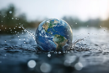 Earth globe emerging from splashing water with soft background