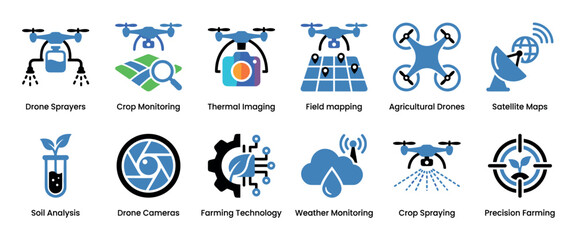 Modern flat vector icon set for smart farming and agricultural technology, illustrating concepts like drone spraying, crop monitoring, field mapping, and soil analysis