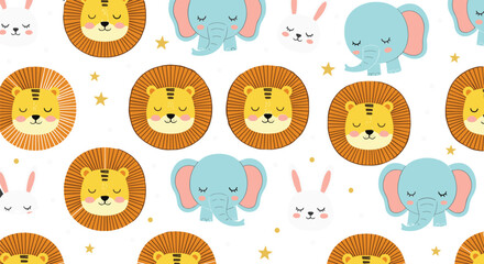 Cute safari animals seamless pattern with lion elephant and bunny faces, playful nursery cartoon background vector illustration © Sumon Creative