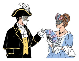 Elegant Masquerade Couple in Historical Attire with Masks.