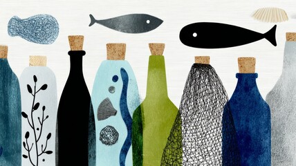 pattern, ocean icons mixed with trash