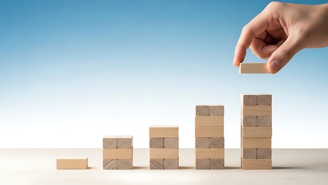 Hand building a bar graph with wooden blocks symbolizing growth and development in a business or financial context with a clear blue gradient background. - Powered by Adobe