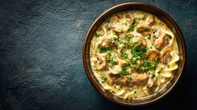 Delicious creamy chicken and mushroom pasta dish with fresh parsley garnish served in a rustic bowl on dark stone background for culinary blog food photography restaurant menu and healthy recipes - Powered by Adobe