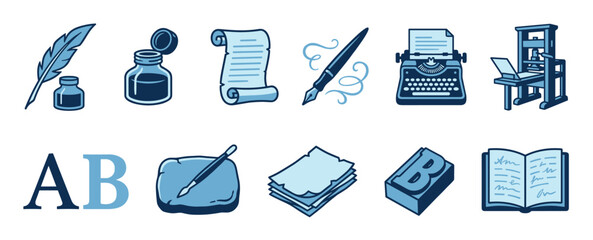 Set of blue writing and publishing icons showing the history of literature with a quill, inkwell, typewriter, printing press, scroll, and book in a clean graphic illustration style