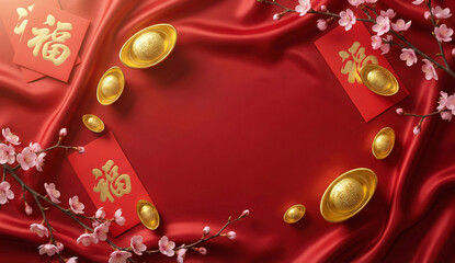 Traditional Chinese New Year Background with Golden Ingots Red Envelopes and Cherry Blossoms on Red Silk