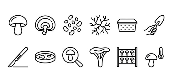 Set of black line icons representing mushroom cultivation and mycology, including various fungi, spores, mycelium, laboratory equipment, and growing tools in a minimalist outline style