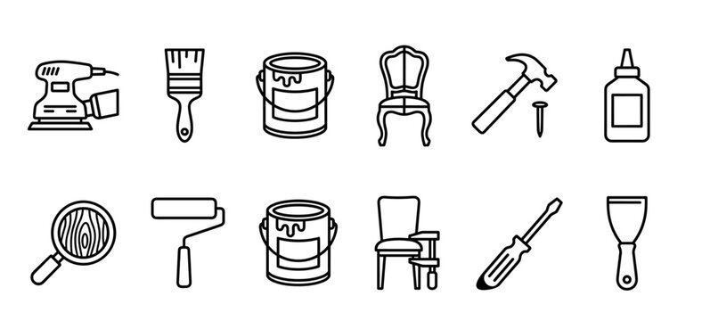 Set of black line icons for furniture restoration shows various tools like a sander, hammer, paintbrush, and chairs in a simple minimalist vector illustration style