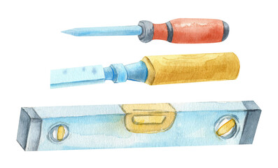 Hand painted watercolor set of woodworking tools including chisel, file, wrench and level. Isolated carpentry hand tools on white background, suitable for DIY projects, woodworking workshops