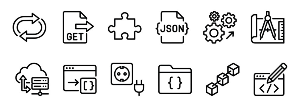 Set of black line icons representing API integration and software development concepts, including symbols for JSON, blockchain, cloud server, plugins, and coding