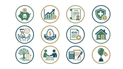 Set of financial planning and retirement icons representing savings, investment, insurance, estate planning, and wealth management in a clean, minimalist vector style illustration
