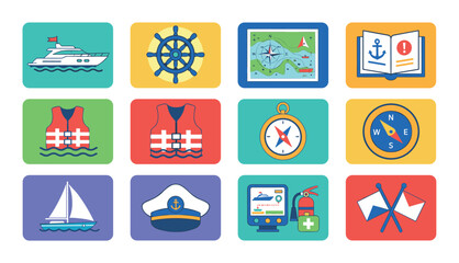 Set of twelve colorful flat nautical icons featuring a yacht, helm, compass, map, life vest, captain's hat, and safety equipment for boating