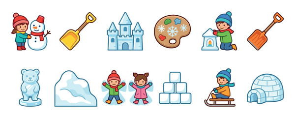 Set of cute cartoon winter icons showing children playing in the snow, making a snowman, sledding, and building an igloo and ice castle in a flat vector style