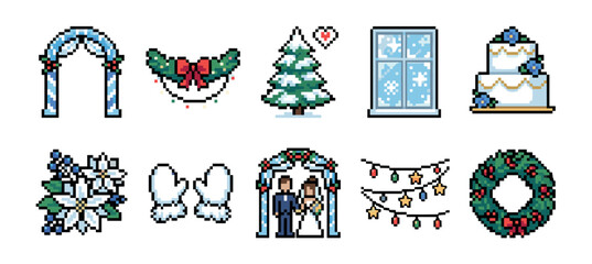 Set of winter wedding pixel art icons including a bride and groom, cake, wreath, and Christmas tree in a charming 8-bit retro video game style for holiday celebration design