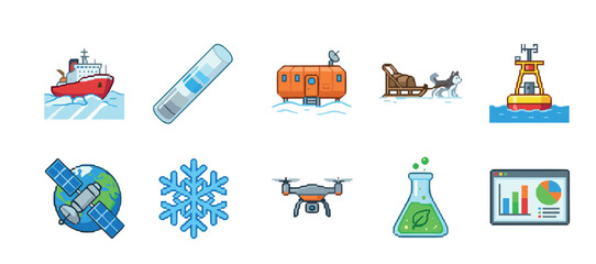 Set of pixel art icons for scientific research and arctic exploration, featuring an icebreaker, polar station, drone, satellite, and environmental study symbols © Vladislav