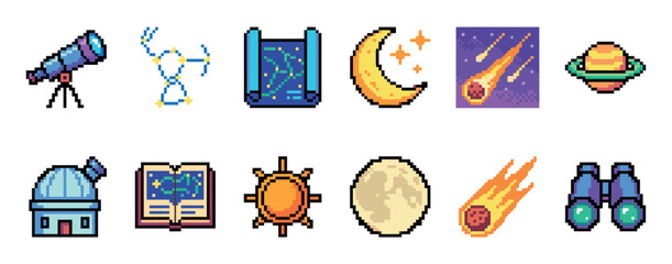Set of colorful pixel art icons for astronomy and space exploration featuring a telescope, planet, moon, sun, and constellation in a retro 8-bit video game style © Vladislav