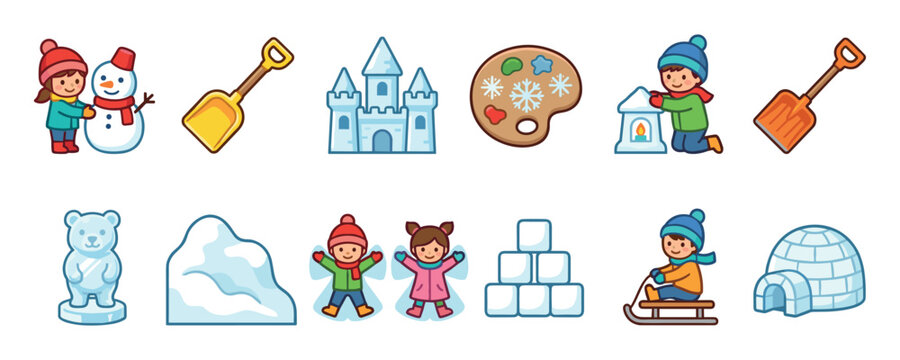 Set of cute cartoon winter icons showing children playing in the snow, making a snowman, sledding, and building an igloo and ice castle in a flat vector style