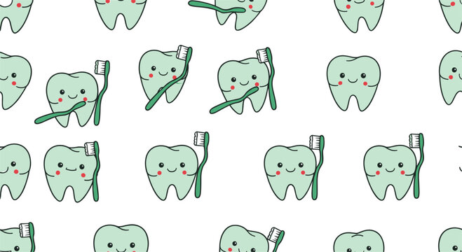 Cute smiling tooth seamless pattern with toothbrush, kawaii dental care cartoon background vector illustration