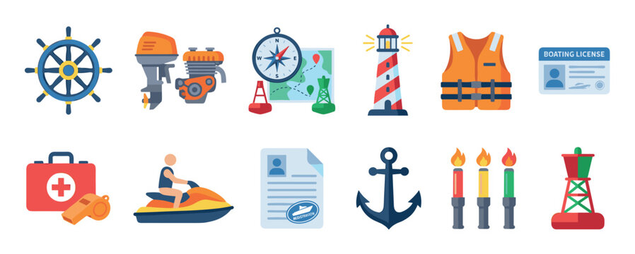 Collection of colorful boating safety and navigation icons including a helm, motor, compass, lighthouse, life vest, license, and anchor in a flat vector illustration style