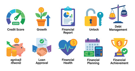 Collection of colorful flat financial icons illustrating concepts like credit score, growth, debt management, savings, and loan approval for business presentations