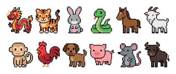 Pixel art set of twelve cute zodiac animals including the dragon, tiger, rabbit, snake, horse, and goat, presented as a colorful character collection in a retro 8-bit style