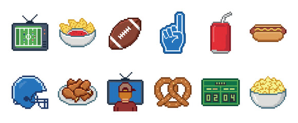 Collection of pixel art American football icons representing a game day party with snacks, a television, a helmet, and a foam finger in a retro 8-bit video game aesthetic