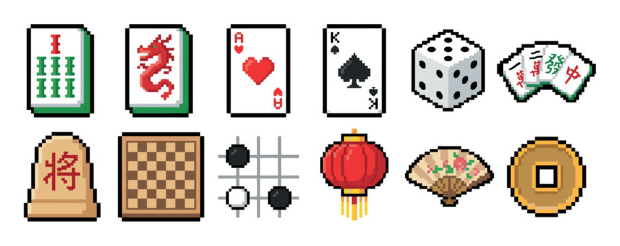 Collection of pixel art icons featuring traditional Asian games like mahjong and go, with playing cards, a die, a lantern, a fan, and a coin in a retro 8-bit video game style