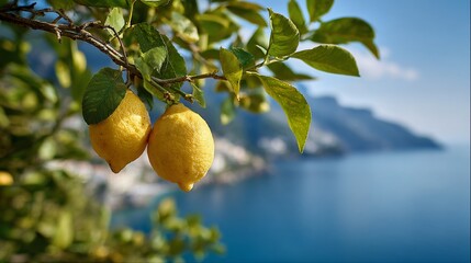 Two ripe lemons hanging on a tree branch with a beautiful coastal backdrop
