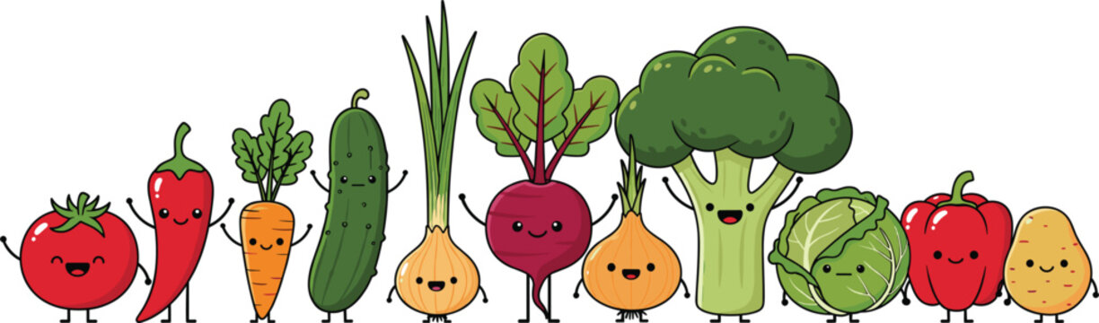 Cute smiling vegetables character collection with tomato carrot broccoli and onion, kawaii healthy food cartoon vector illustration