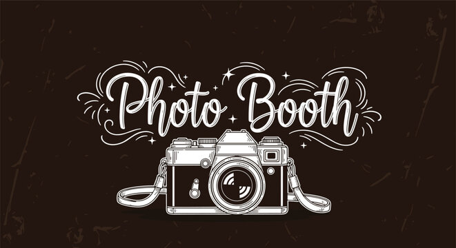 Elegant vintage camera illustration with decorative swirls and the text photo booth on a dark textured background creates a nostalgic atmosphere.