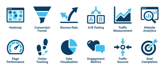 Set of blue website analytics icons showing key digital marketing metrics like conversion funnel, traffic measurement, and A/B testing for performance and engagement analysis