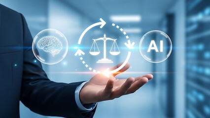 Businessman interacting with AI technology symbols in modern office