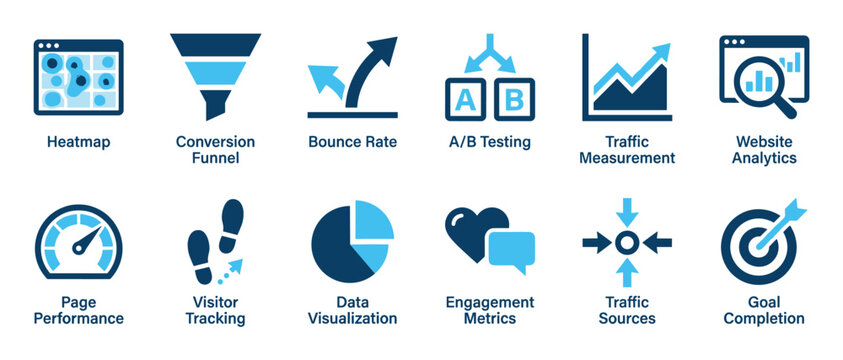 Set of blue website analytics icons showing key digital marketing metrics like conversion funnel, traffic measurement, and A/B testing for performance and engagement analysis